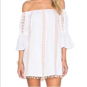 Tularosa Sara white pink pom pom trim off shoulder dress size Small NWT